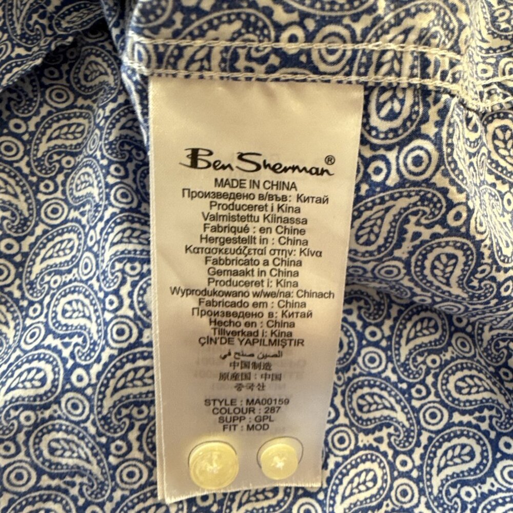 Ben Sherman Mens Button Down Shirt XL Paisley Long Sleeve Blue/White 100% cotton - Picture 6 of 10